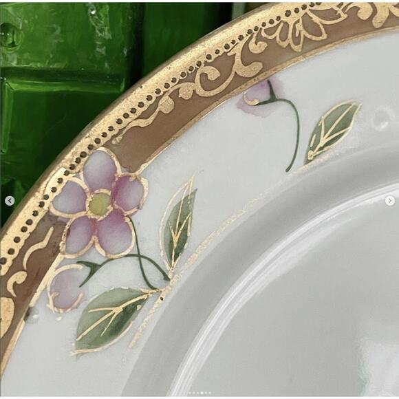 Antique Nippon Japan Bread Plates Porcelain Hand Painted Pink Flower Gold Rim x6 - Picture 4 of 6
